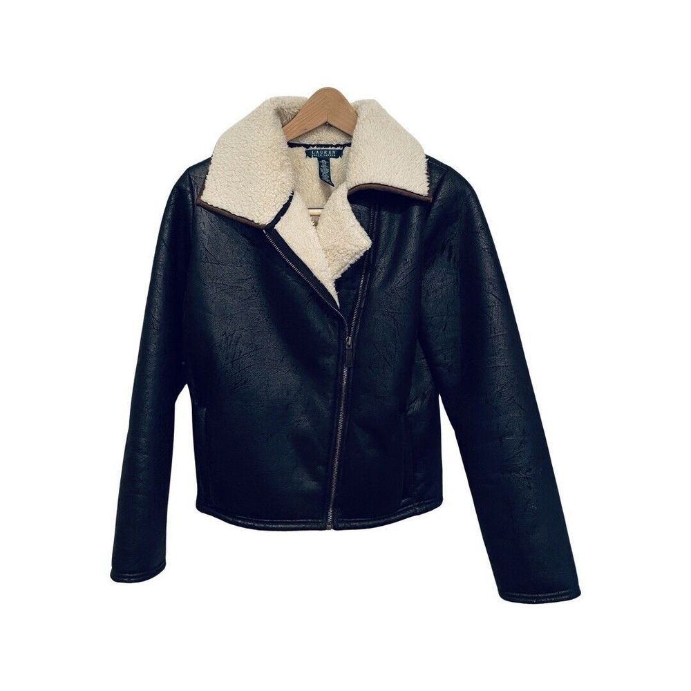 Lauren Ralph Lauren Faux Leather Sherpa Lined Moto Jacket Women’s M Medium